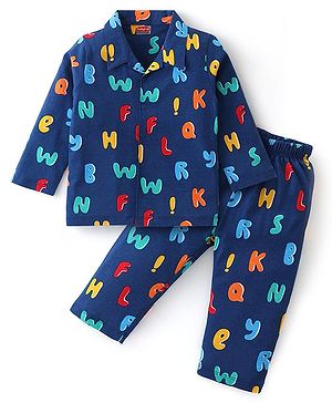 Babyhug Cotton Knit Full Sleeves Front Open Night Suit Alphabet Prints-Navy
