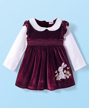Babyhug Cotton Knit Full Sleeves Frock With Peter Pan Collar & Animal Embroidery - Maroon