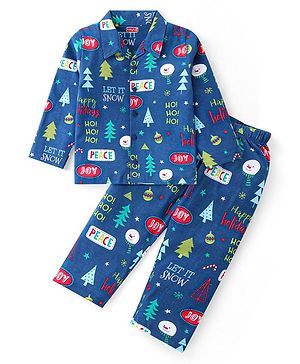 Babyhug Cotton Knit Full Sleeves Night Suit With Christmas Theme Print - Navy