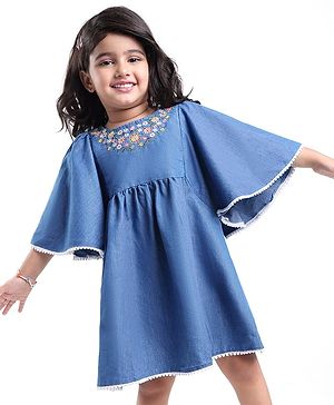 Babyhug Cotton Knit Flutter Half Sleeves Frock with Floral Embroidery - Blue