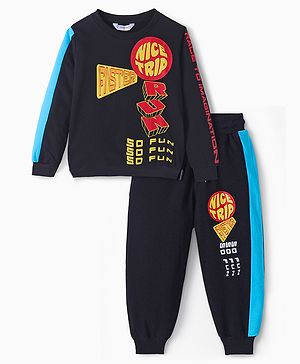 Ollington St. 100% Cotton Knit Full Sleeves Sweatshirt & Joggers Winter Wear Set With Text Print - Black