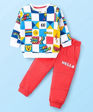 Babyhug Cotton Knit Full Sleeves Text Printed T-Shirt & Lounge Pants Set - Multicolor