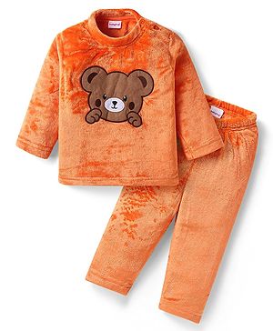 Babyhug Fur Woven Full Sleeves Winter Wear Suit With Bear Design - Orange