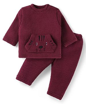 Babyhug Woven Full Sleeves Fur Winter Wear T-Shirt & Joggers Set with Bear Embroidery & Kangaroo Pockets -Maroon