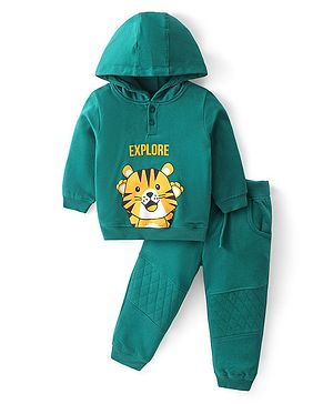 Babyhug Cotton Knit Full Sleeves Hooded T-Shirt & Lounge Pants Set With Tiger Print - Teal Blue