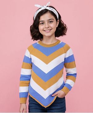 Pine Kids Knitted Raglan Full Sleeves Chervon Designed Pullover Sweater - White Blue & Golden