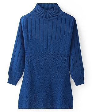 Pine Kids Knitted Full Sleeves High Neck Woollen Dress With Cable Knit Design - Blue