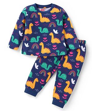 Babyhug Cotton Knit Full Sleeves Dino Printed Night Suit - Navy Blue