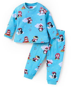 Babyhug Cotton Knit Full Sleeves Penguin Printed Night Suit - Light Blue