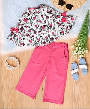 Bella Moda Cotton Bell Sleeves Bow Applique Hearts Printed Top With Solid Pant - Pink