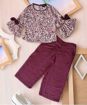 Bella Moda Cotton Bell Sleeves Bow Applique Cherries Printed Top With Solid Pant - Wine