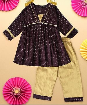 Bella Moda Full Sleeves Lace Embellished & Polka Dots Foil Printed Coordinating Kurta With Salwar - Brown