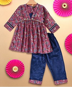 Bella Moda Full Sleeves Lace Embellished & Floral Printed Coordinating Kurta With Salwar - Pink