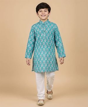 Pine Kids Cotton Woven Full Sleeves Kurta Pyjama Set with Floral Print - Turquoise