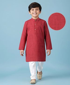 Pine Kids Cotton Woven Full Sleeves Solid Colour Kurta Pyjama Set - Maroon