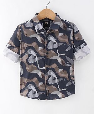 Ruff Satin Woven Full Sleeves Abstract Print Shirt - Grey