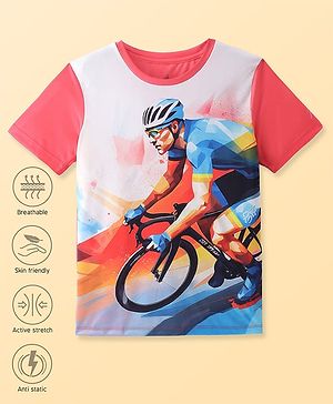 Pine Active Knit Half Sleeves Cycle Printed T-Shirt - Red
