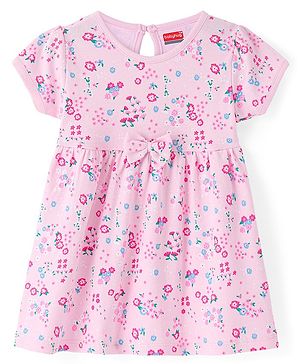 Babyhug Interlock Knit Half Sleeves Floral Printed Frock with Bow Applique - Pink