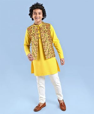 Pine Kids Viscose Woven Full Sleeves Solid Kurta Pyjama Set with Floral Printed Jacket - Yellow
