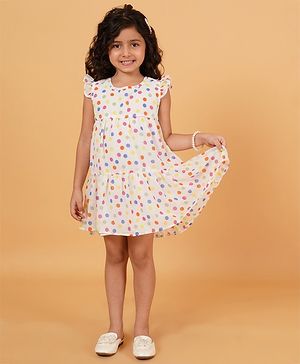 Creative Kids Frill Sleeves Polka Dots Printed Tiered Dress - White & Pink