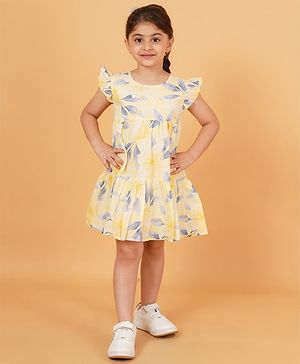 Creative Kids Cotton Frill Sleeves Floral Printed Dress - Yellow & Grey