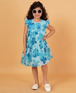 Creative Kids Frill Sleeves 4 Leaf Clovers Printed Tiered Dress - Blue