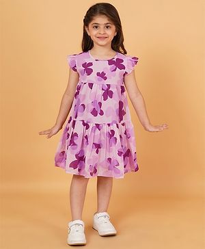 Creative Kids Frill Sleeves Floral Printed Tiered Dress - Purple