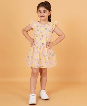 Creative Kids Frill Sleeves Floral Printed Tiered Dress - Light Pink