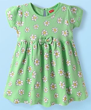 Babyhug Interlock Knit Half Sleeves Floral Printed Frock with Bow Applique - Light Green