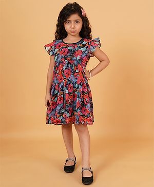 Creative Kids Frill Sleeves Floral Printed Tiered Dress - Multi Colour