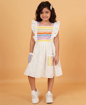 Creative Kids Cotton Frill Sleeves Schiffli Embroidered Floral & Striped Detail Dress - White