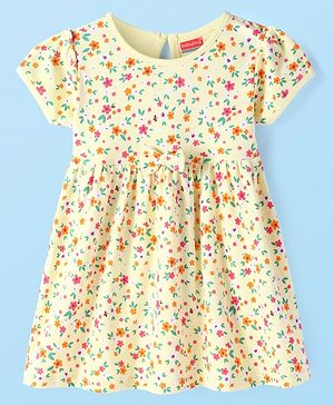 Babyhug Interlock Knit Half Sleeves Frock with Floral Print & Bow Applique -Light Yellow
