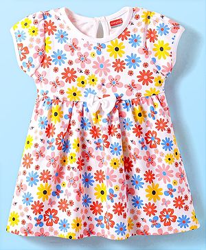 Babyhug Interlock Knit Half Sleeves Frock With Floral Print & Bow Applique - White