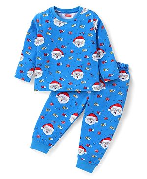 Babyhug Cotton Knit Full Sleeves Night Suit With Santa Claus Print - Blue