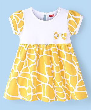 Babyhug Cotton Knit Half Sleeves Printed Frock With Bow Applique - White & Yellow
