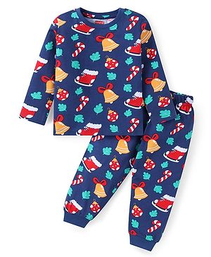 Babyhug Cotton Knit Full Sleeves Christmas Theme Print Night Suit - Navy Blue