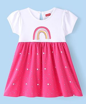 Babyhug Cotton Knit Half Sleeves Frock With Rainbow Print - White & Dark Pink