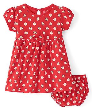 Babyhug Sinker Knit Half Sleeves Floral Printed Frock with Bloomer & Bow Applique - Red