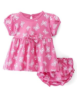 Babyhug Sinker Knit Half Sleeves Frock With Bloomer Butterfly Print & Bow Applique- Pink