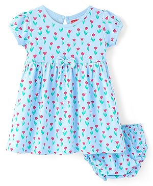 Babyhug Sinker Knit Half Sleeves Heart Printed Frock with Bloomer & Bow Applique - Light Blue