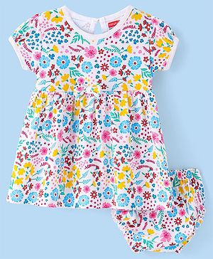 Babyhug Sinker Knit Half Sleeves Floral Printed Frock with Bloomer & Bow Applique - White