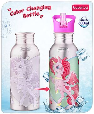 Babyhug Unicorn Theme Stainless Steel Color Changing Magic Bottle Pink |Leak Resistant|BPA Free|Rust Proof|600 ml