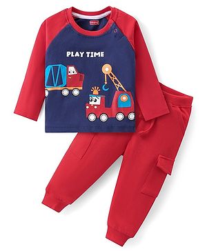 Babyhug Cotton Knit Raglan Sleeves T-Shirt & Lounge Pants Set With Vehicles Print - Red & Blue