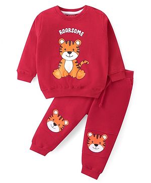 Babyhug Cotton Knit Full Sleeves T-Shirt & Lounge Pants Set With Tiger Print - Red