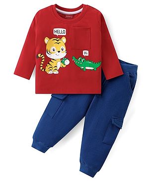 Babyhug Cotton Knit Full Sleeves T-Shirt & Lounge Pants Set With Animals Print - Red & Blue