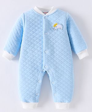 Kookie Kids Full Sleeves Winter Romper with Elephant Patch - Sky Blue