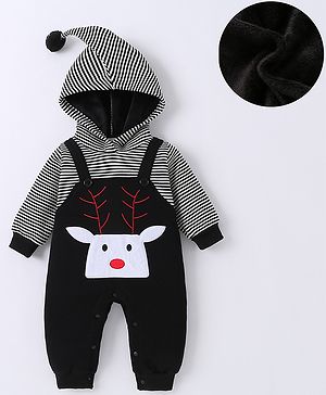 Kookie Kids Full Sleeves Winter Wear Hooded Romper with Stripes & Reindeer Patch - Black