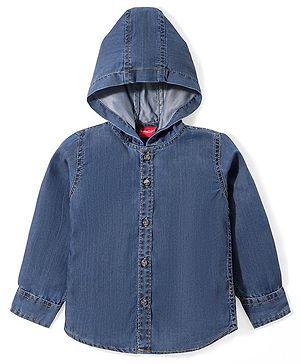 Babyhug Cotton Woven Full Sleeves Washed Hooded Denim Shirt - Blue