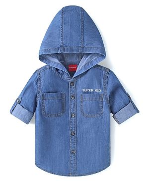 Babyhug Woven Full Sleeves Washed Hooded Denim Shirt - Blue