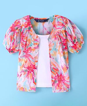 Pine Kids Woven Half Sleeves Floral Printed Top with Solid Colour Vest - White & Pink